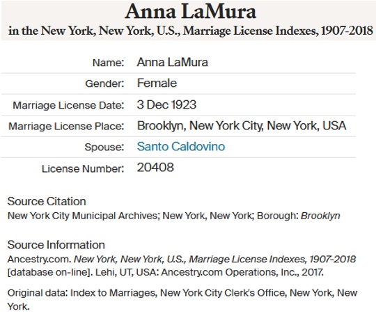 Anna LaMura and Santo Calarino Marriage License Index