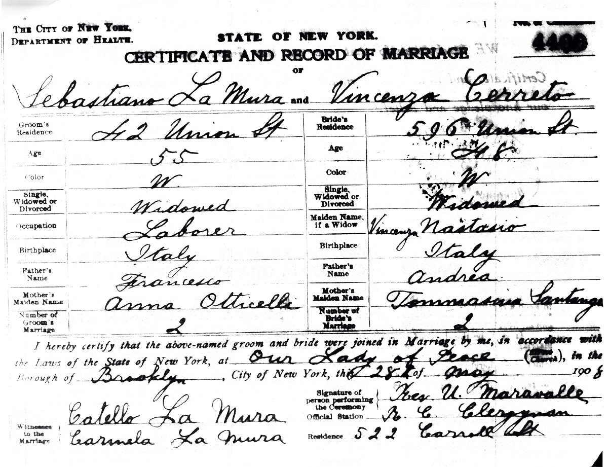 Sebastiano LaMura and Vincenza Cerreto Marriage Certificate