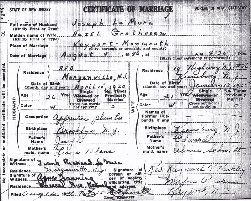 Joseph LaMura and Hazel Grothusen Marriage Certificate
