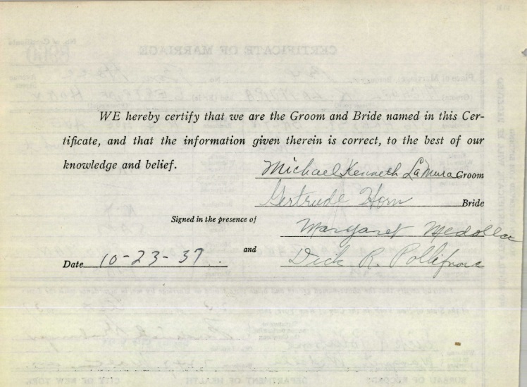 Michael K. LaMura and Gertrude Horn Marriage Certificate