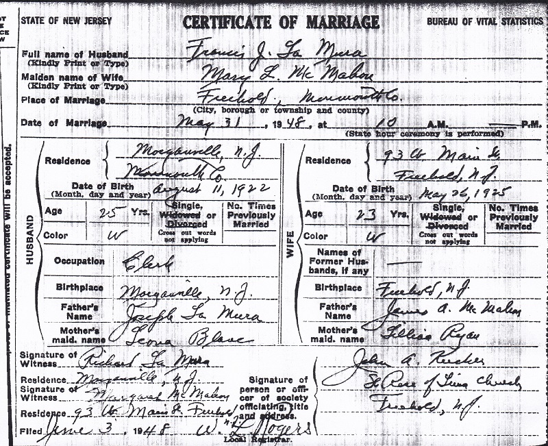 Frank LaMura and Mary McMahon Marriage