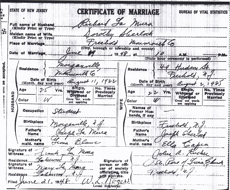 Richard LaMura and Dorothy Sherlock Marriage Certificate