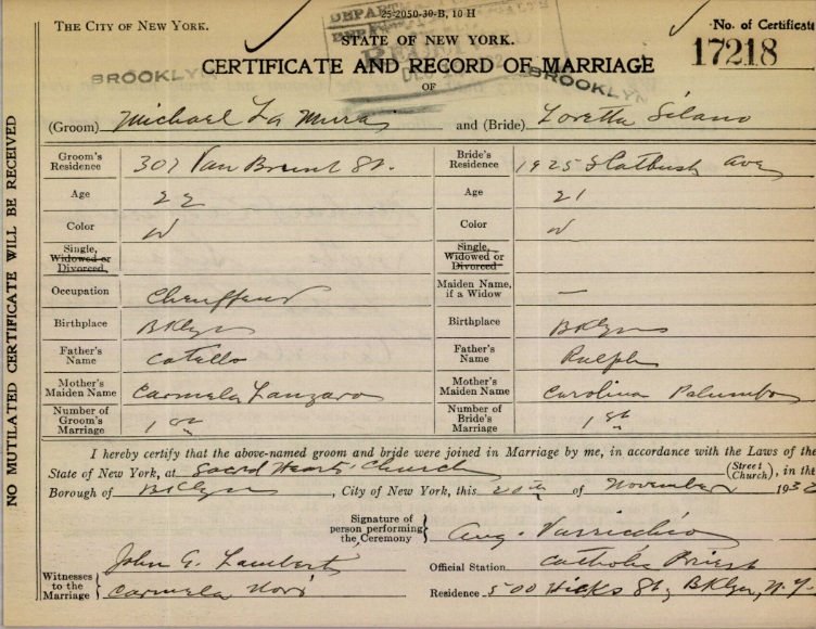 Michael K. LaMura and Loretta Silano Marriage Certificate