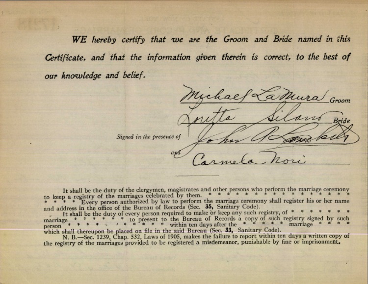 Michael K. LaMura and Loretta Silano Marriage Certificate