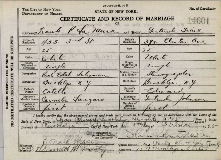 Frank LaMura and gertrude Trail Marriage Certificates