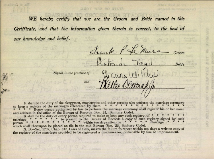 Frank LaMura and gertrude Trail Marriage Certificates