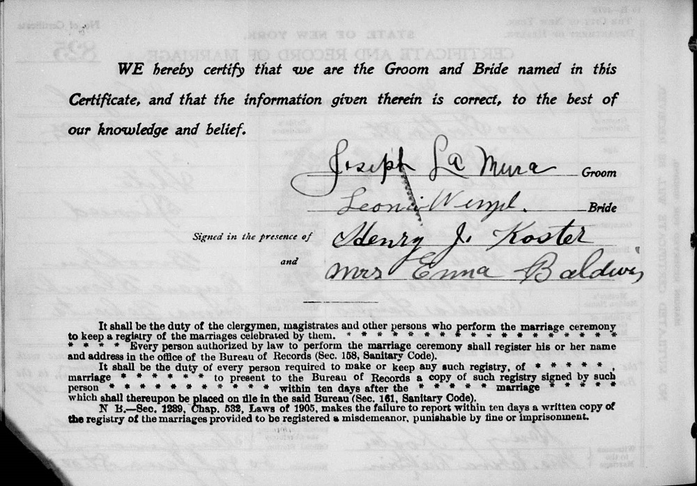 Joseph LaMura and Leona Wenzel Marriage Certificate