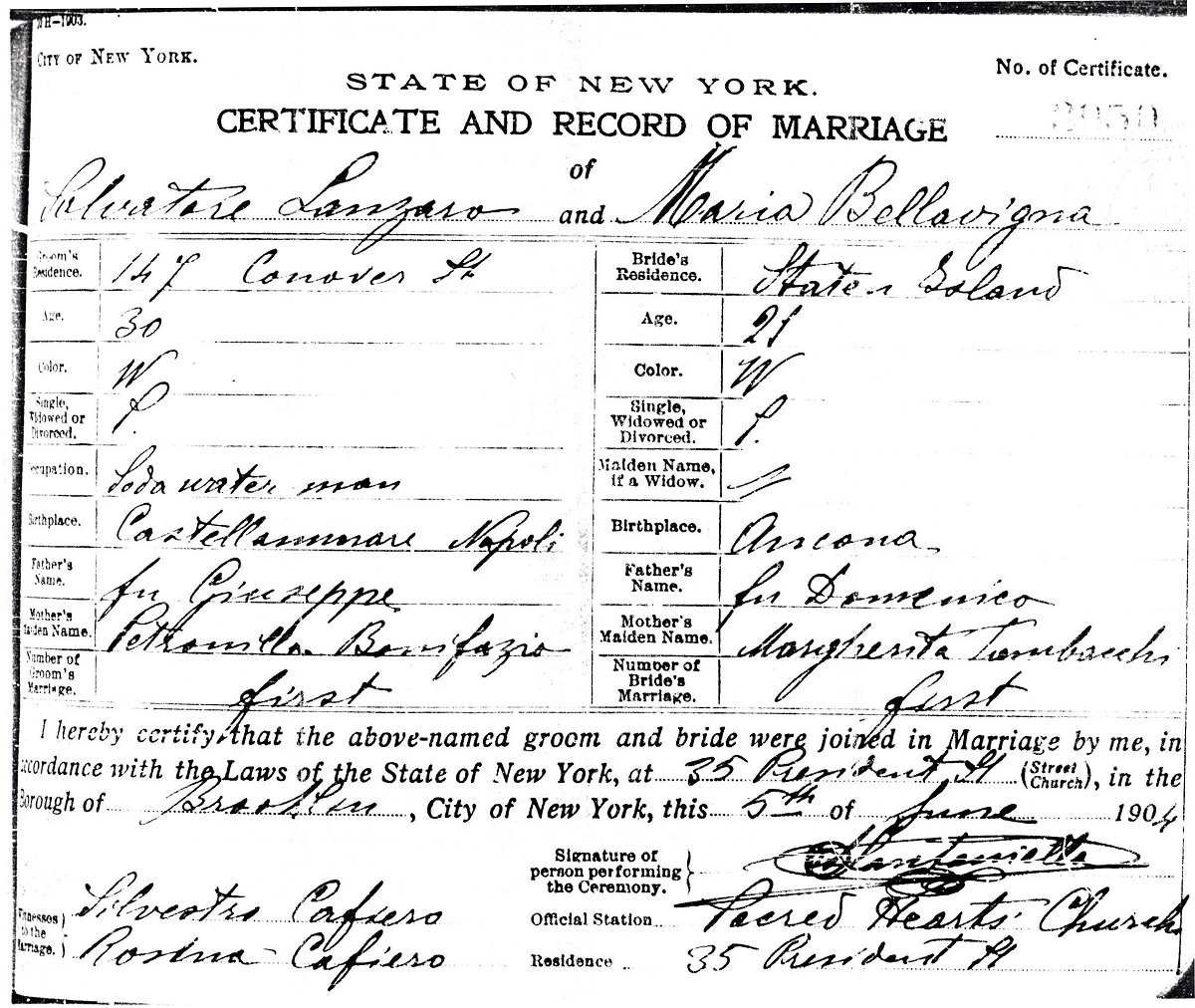 Salvatore Lanzaro and Maria Bellavigna Marriage Certificate