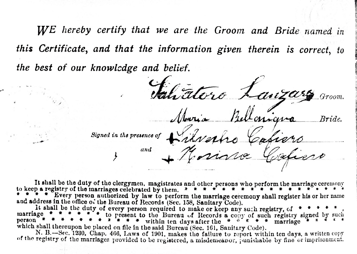 Salvatore Lanzaro and Maria Bellavigna Marriage Certificate