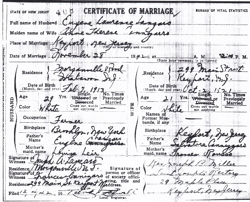 Ann Cannizzaro and Eugene Lanzaro Marriage Certificate
