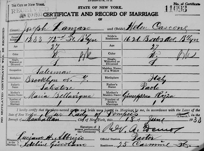 Joseph S. Lanzaro and Helen Cascone Marriage Certificate