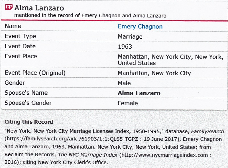 Alma Lanzaro and Emery Chagnon Marriage Index