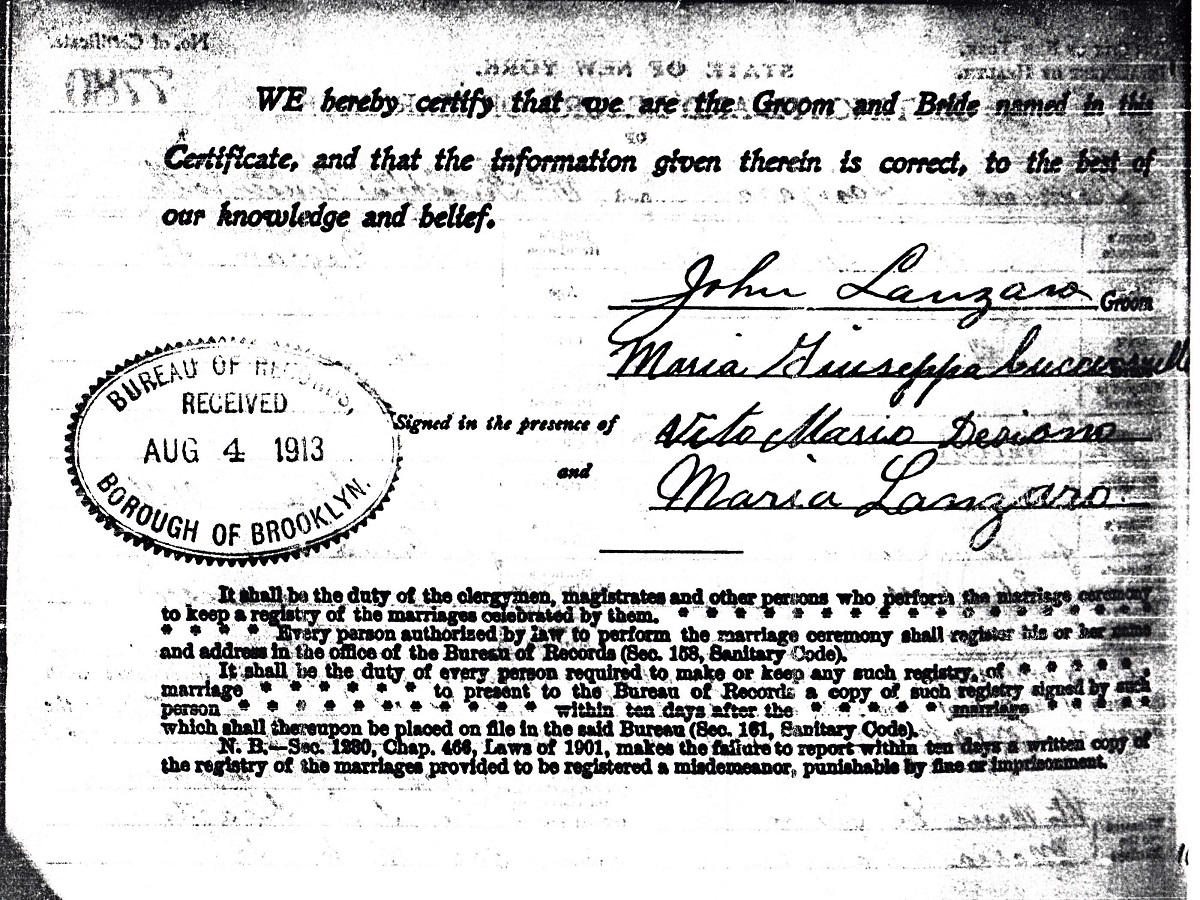 John Lanzaro and Josephine Cuccurullo Marriage Certificate