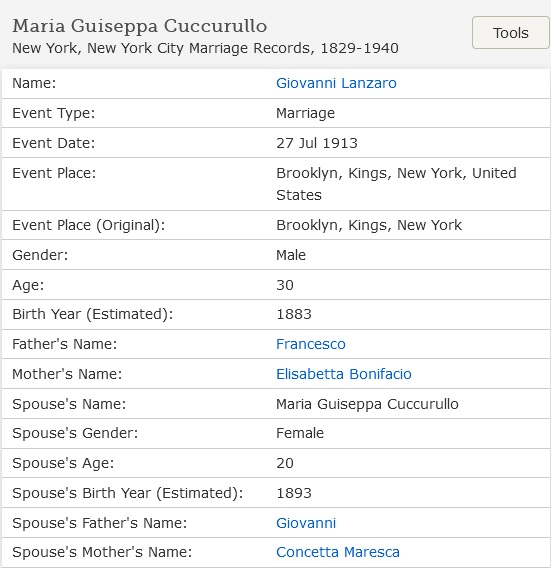 John Lanzaro and Josephine Cuccurullo Marriage Index