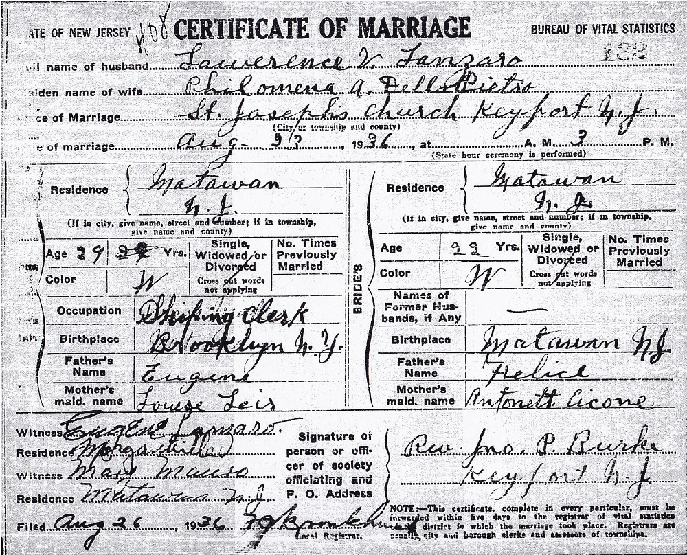 Lawrence V. Lanzaro and Philomena A Dellapietro Marriage Certificate