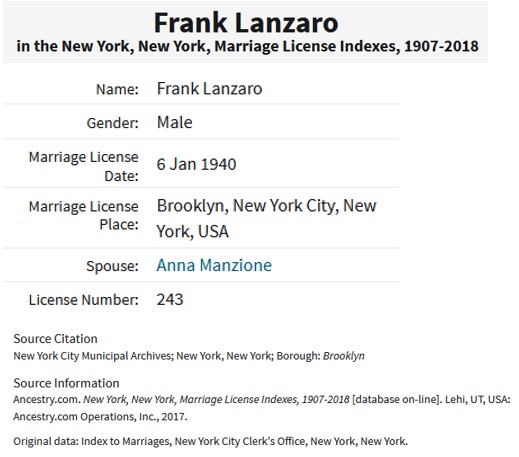Frank Lanzaro and Anna Manzione Marriage Record