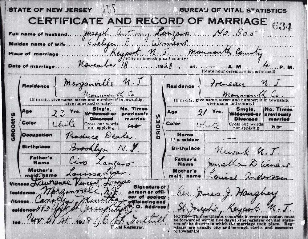 Joseph A. Lanzaro and Evelyn Winans Marriage