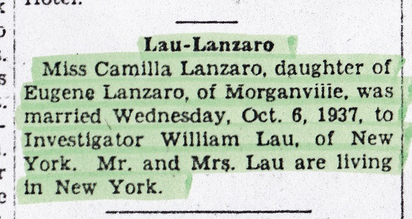 William A. Lau and Carmela L. Lanzaro Marriage