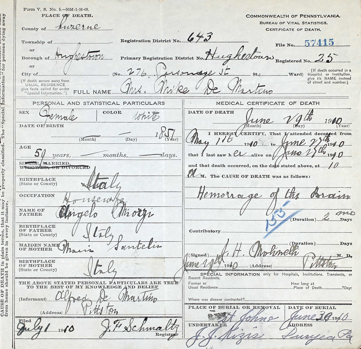 Laura Miozzi DeMartino Death Certificate