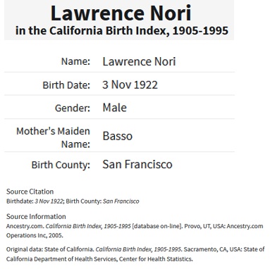 Lawrence Joseph Nori Birth Index
