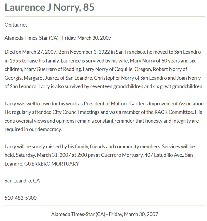 Laurence Joseph Norry Obituary