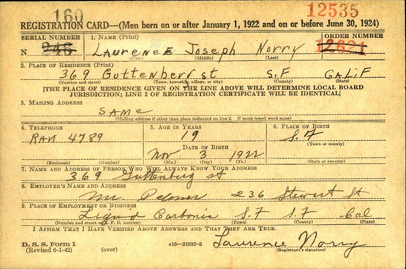 Laurence Joseph Norry WW2 Draft Registration
