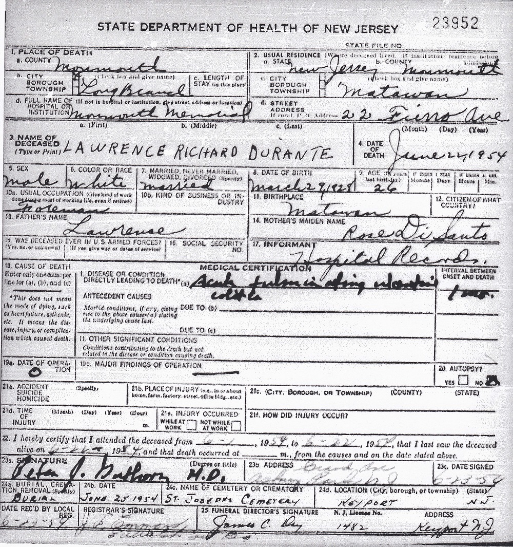 Lorenzo (Lawrence) Durante Death Certificate