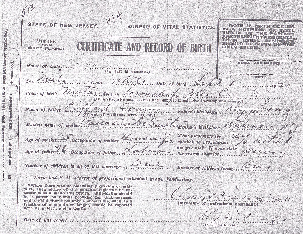 Lawrence J. Evans Birth Certificate