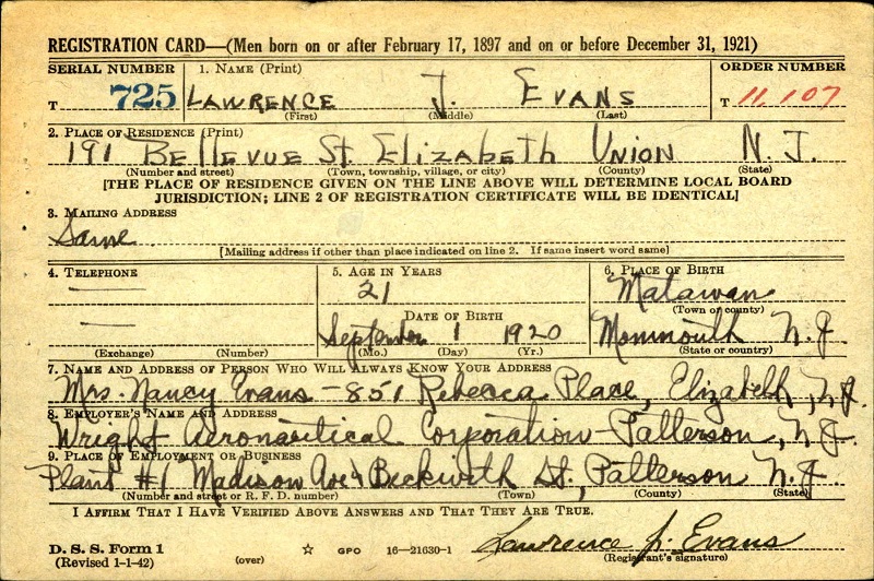 Lawrence J. Evans Military Record