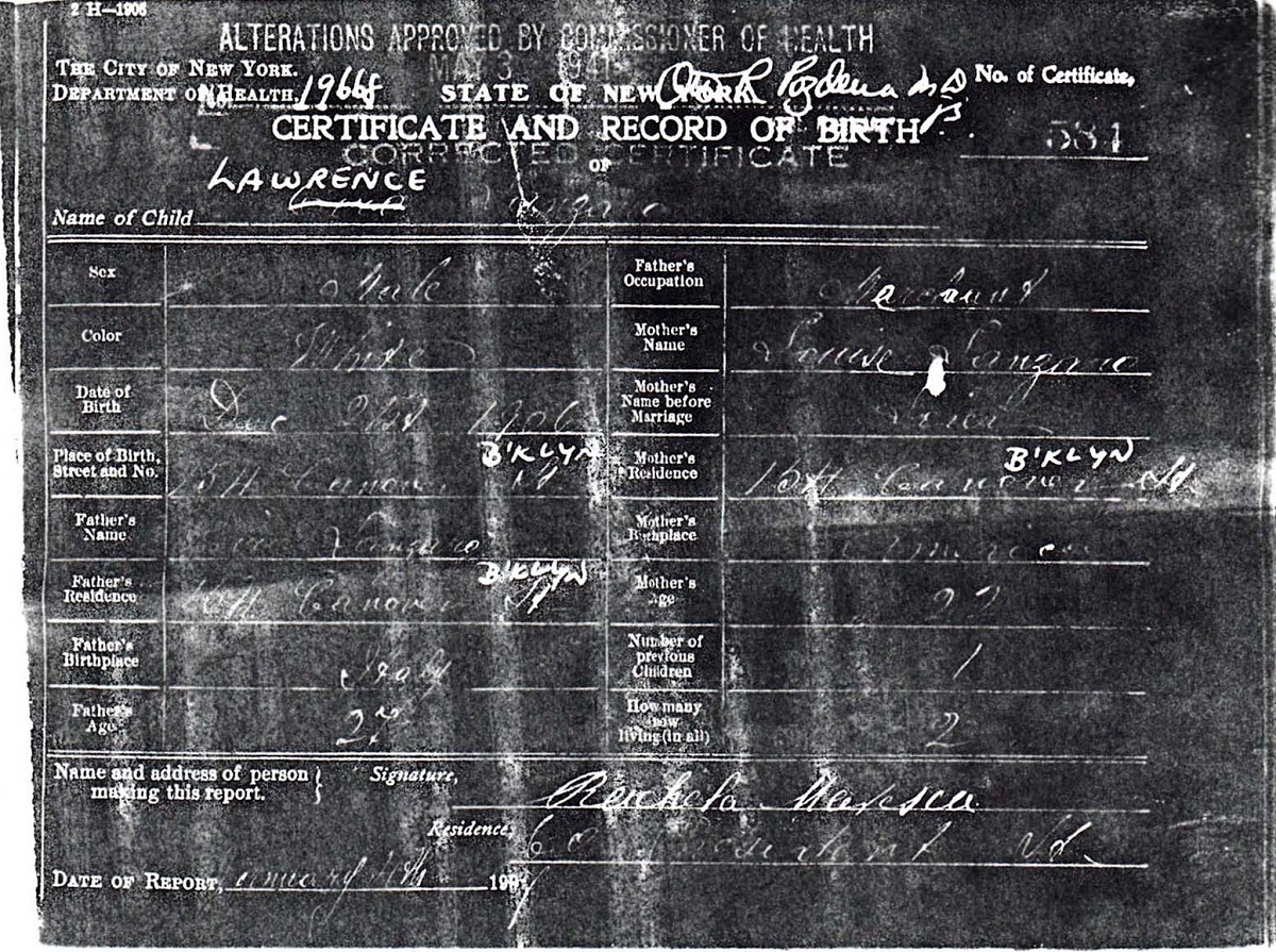 Lawrence V. Lanzaro Birth Certificate