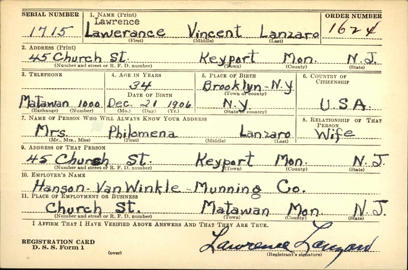 Lawrence Vincent Lanzaro WW2 Draft Registration