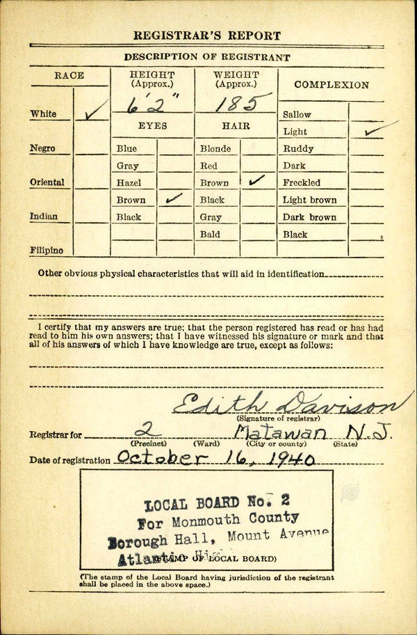 Lawrence Vincent Lanzaro WW2 Draft Registration