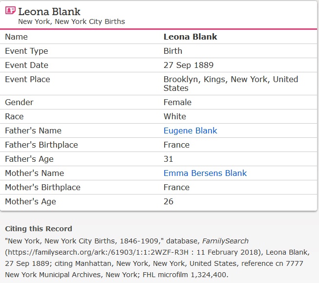 Leona Blanck LaMura Birth Index