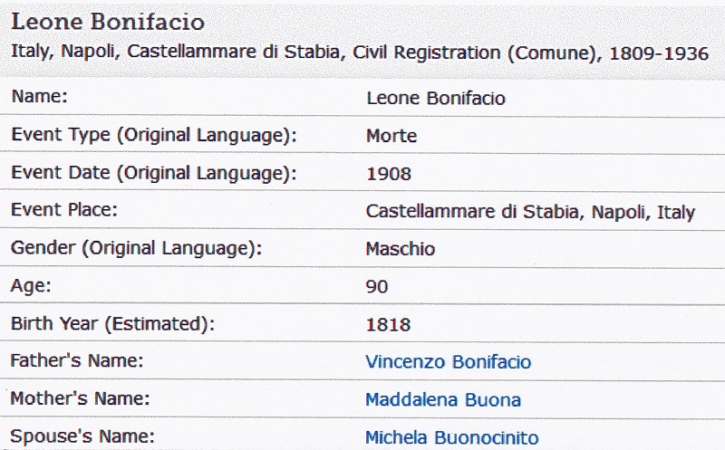 Leone Bonifacio Death Record