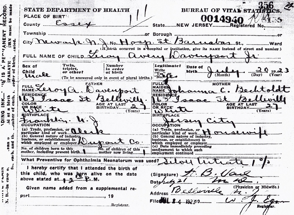 Leroy Avery Davenport Jr. Birth Certificate