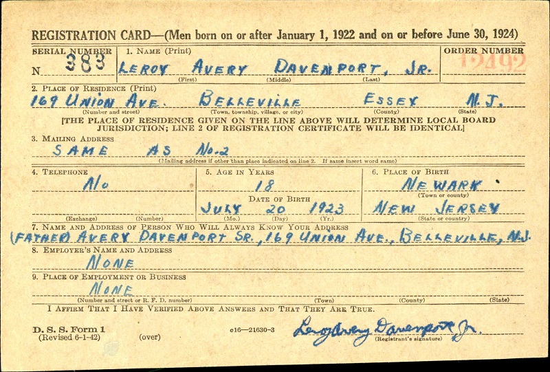 Leroy Davenport WW2 Draft Registration
