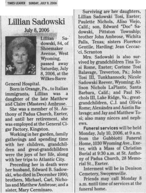 Lillian Ambrose Sadowski Obituary