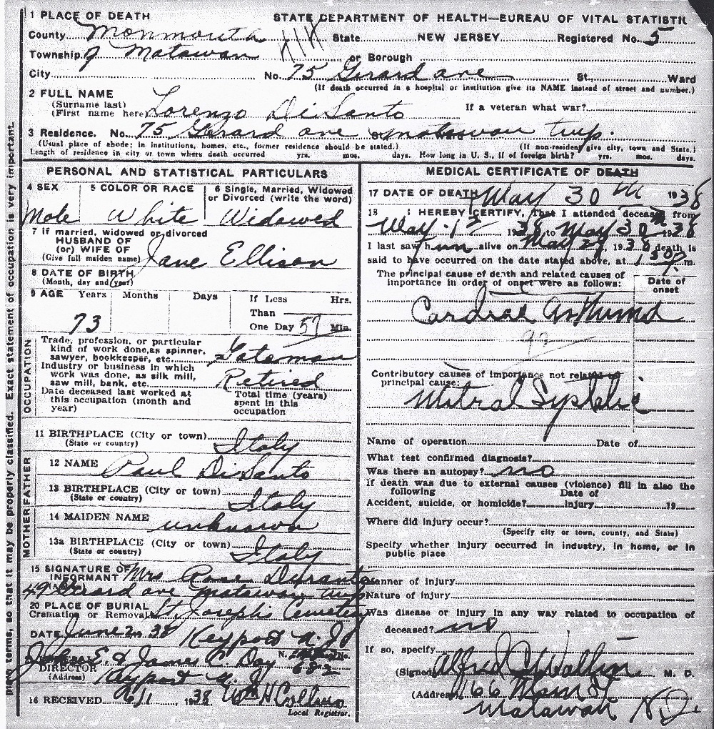 Lorenzo (Lawrence) DiSanto Death Certificate