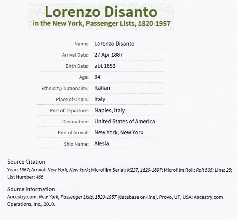 Lorenzo DiSanto Immigration Passenger List