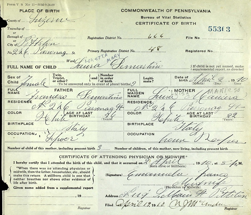 Loretta DeMartino Birth Certificate