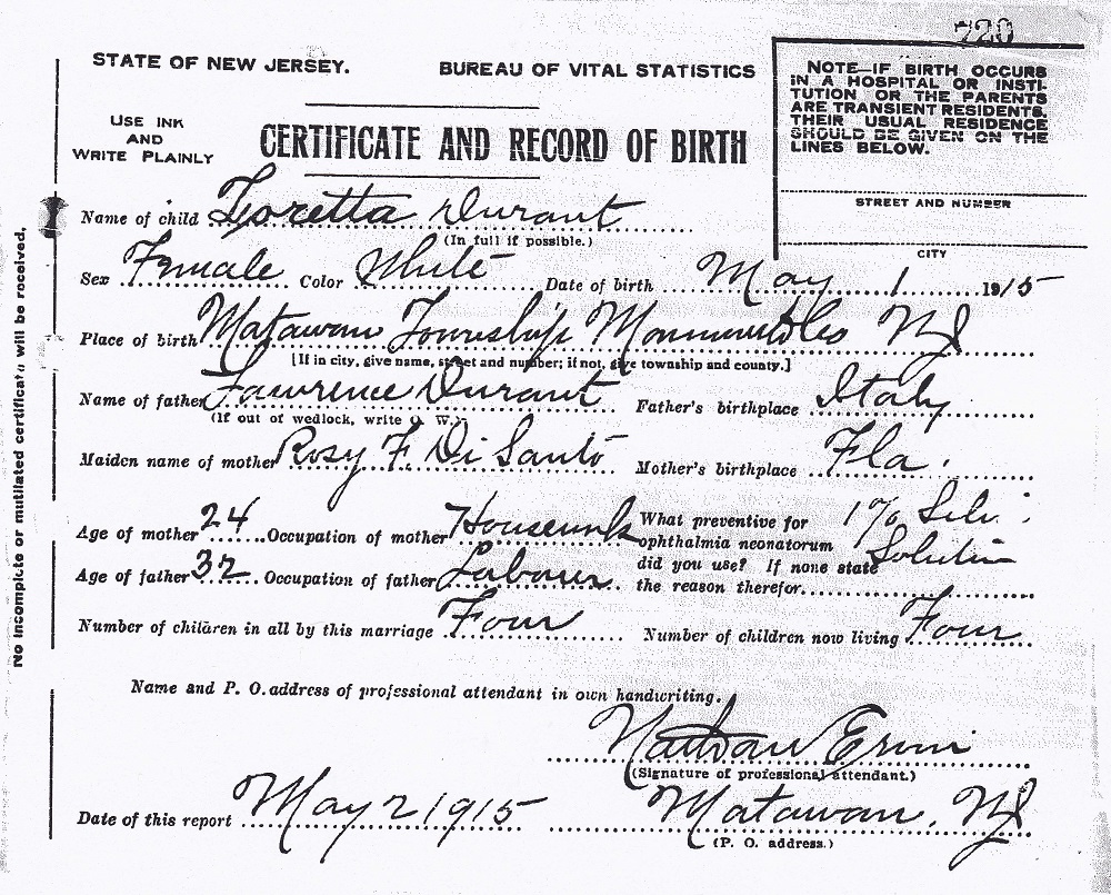 Loretta Durante Birth Certificate