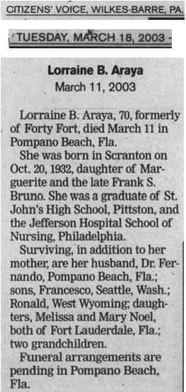 Lorraine Bruno Araya Obituary