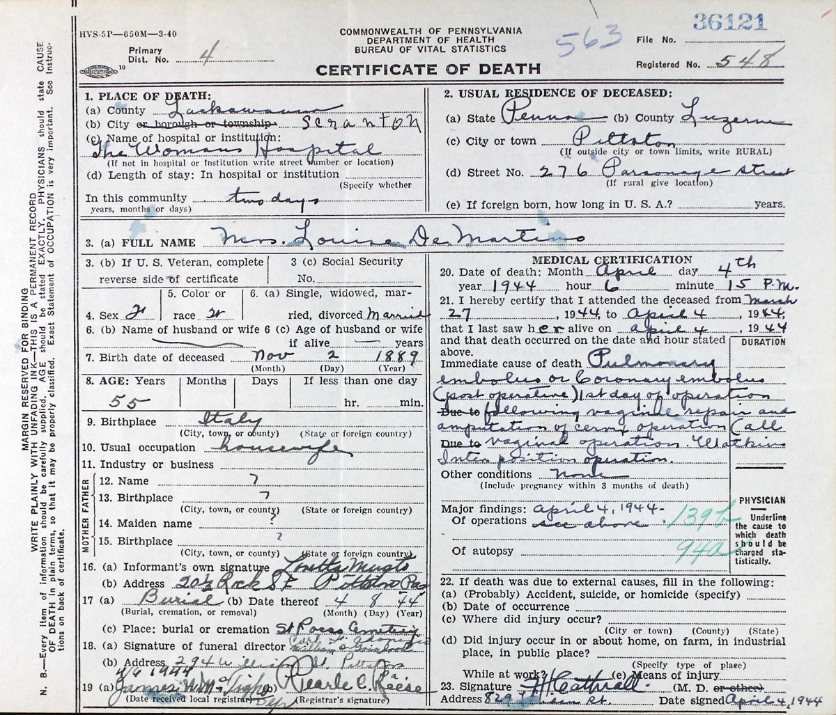 Louisa DeMartino Death Certificate