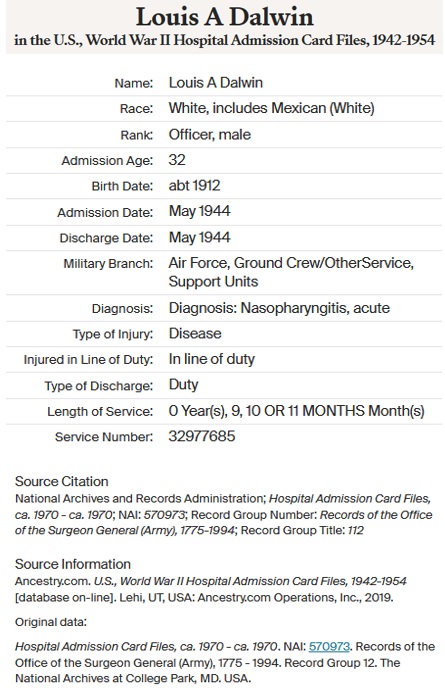 Louis A. Dalwin WW2 hospitalization record