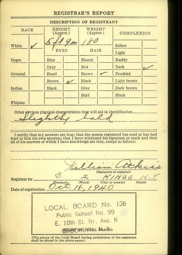 Louis A. Dalwin WW2 Draft Registration