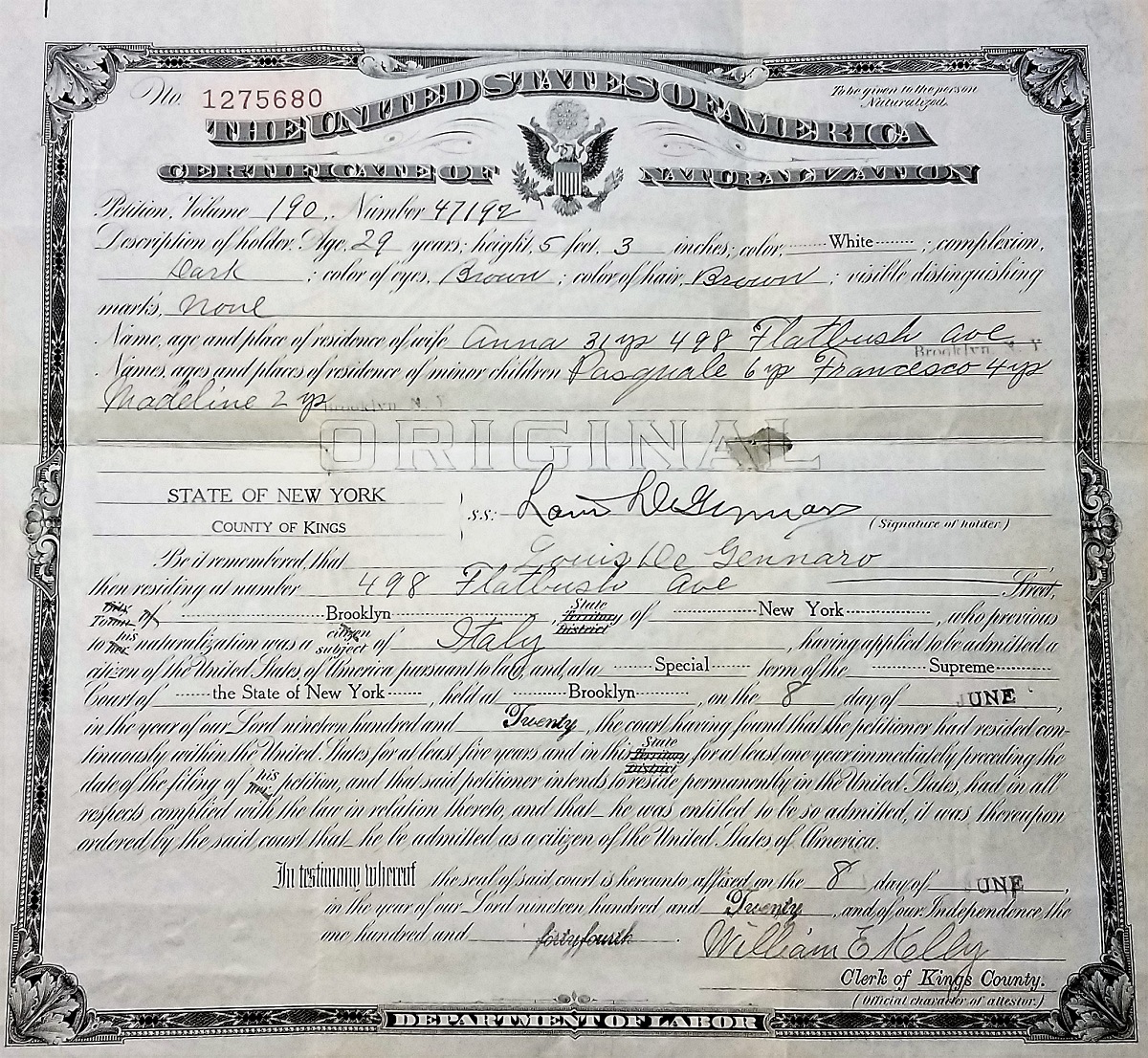 Louis DeGennaro Certificate of Naturalization