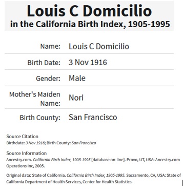 Louis Domicilio Severini Birth Index