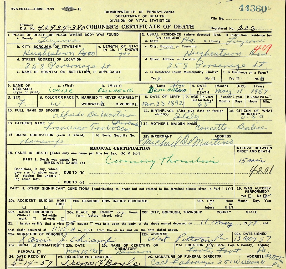 Louise Elizabeth Trobacco DeMartino Death Certificate