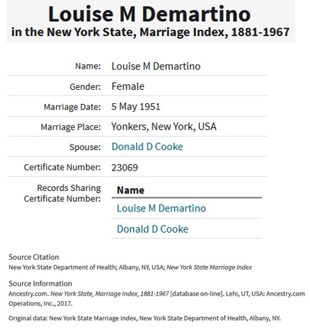 Louise DeMartino and Donald Cooke Marriage Record