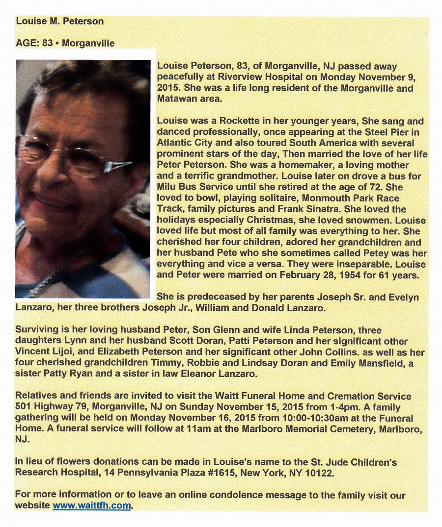 Louise Lanzaro Peterson Obituary